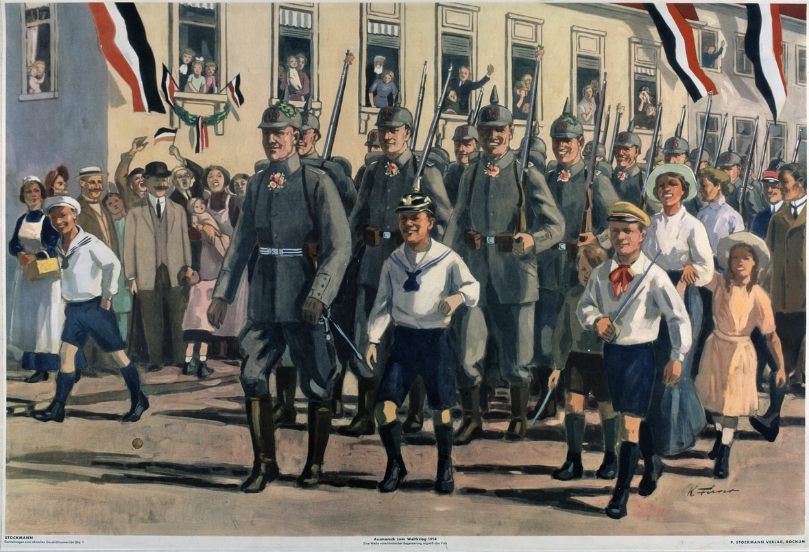 Soldaten ziehen in den Krieg, Kinder begleiten sie in militärisch anmutender Kleidung. Menschen jubeln den Soldaten zu. Es handelt sich um eine Schulwandbild aus der Zeit des Ersten Weltkriegs.