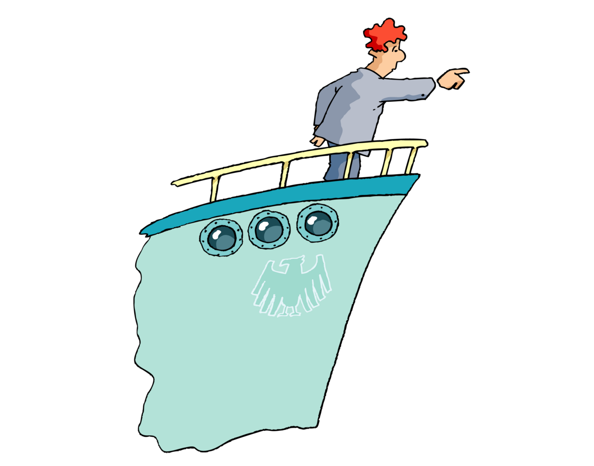 In der Illustration steht vorne auf einem Schiff der Steuermann und zeigt mit dem Finger in eine Richtung.