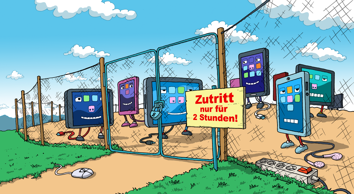 Einige Handy- und Tablets als Comicfiguren, die hinter einem Absperrzaun stehen.