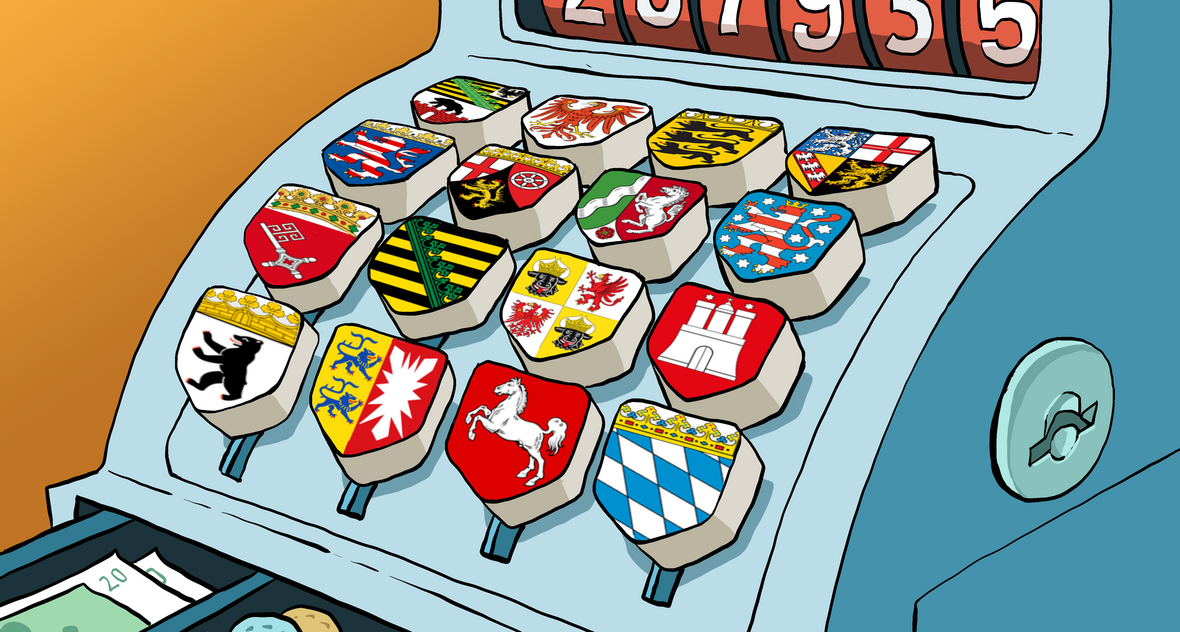 Registrierkasse mit 16 Bundesland-Wappen-Tasten