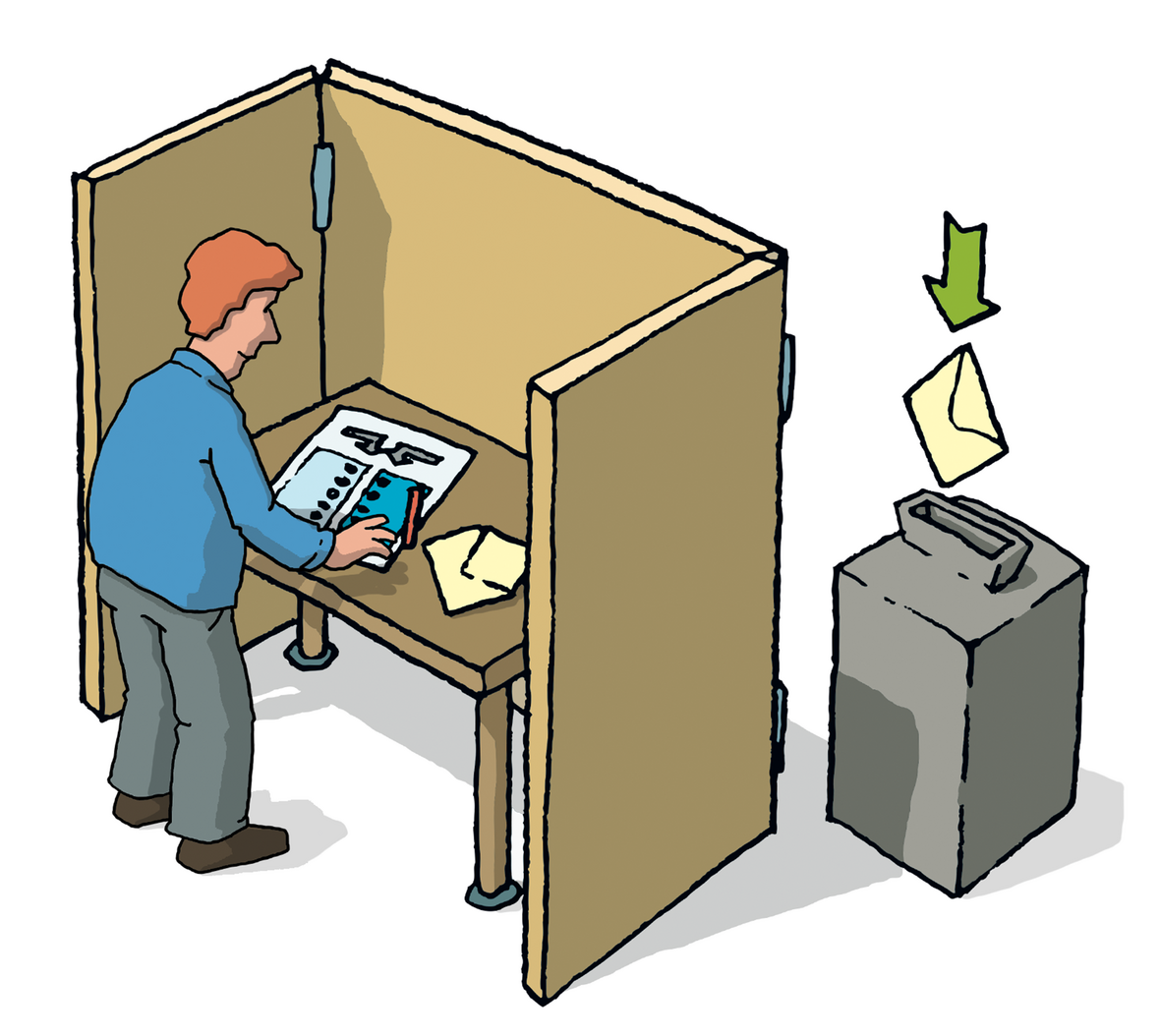 Man sieht jemanden, wie er in einer Wahlkabine steht und verdeckt wählt. 