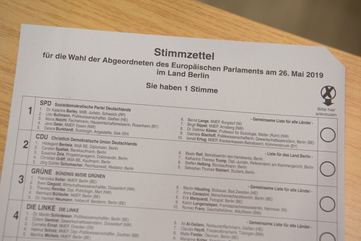 Stimmzettel für die Europawahl 2019 für den Bezirk Berlin-Mitte