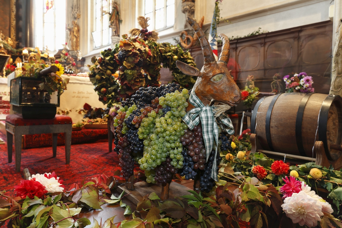 Zum Erntedankfest liegen Obst und Gemüse auf einem Erntedankaltar in einer Pfarrkirche in Österreich. 