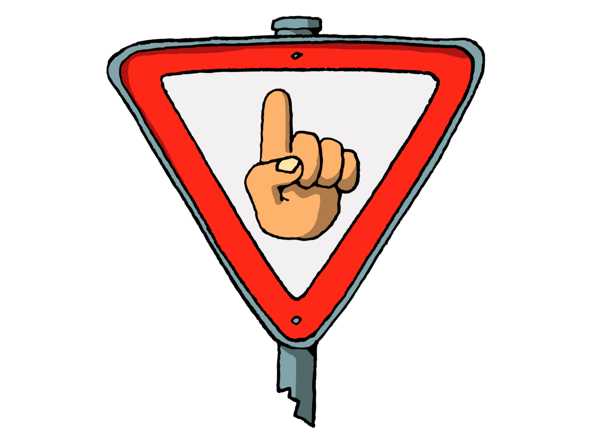 Illustration eines Verbotsschildes: Ein nach oben zeigender Finger in einem rot gerandeten Verkehrsschild macht deutlich: "Ich verbiete das!"