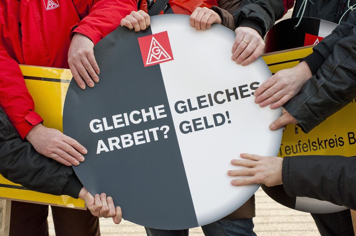 Eine Protestaktion gegen Leiharbeit. Viele Hände halten ein rundes Schild auf dem steht: Gleiche Arbeit? Gleiches Geld!