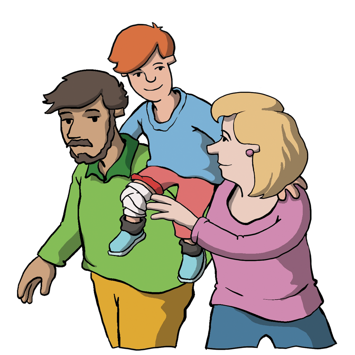 Man sieht eine Mutter, einen Vater und das Kind, das mit einem Verband ums Knie auf den Schultern der Eltern sitzt.