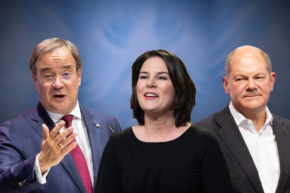 Collage der Kanzlerkandidaten zur Bundestagswahl 2021 von links nach rechts: Armin Laschet (CDU), Annalena Baerbock (Bündnis 90/die Grünen), Olaf Scholz (SPD).
