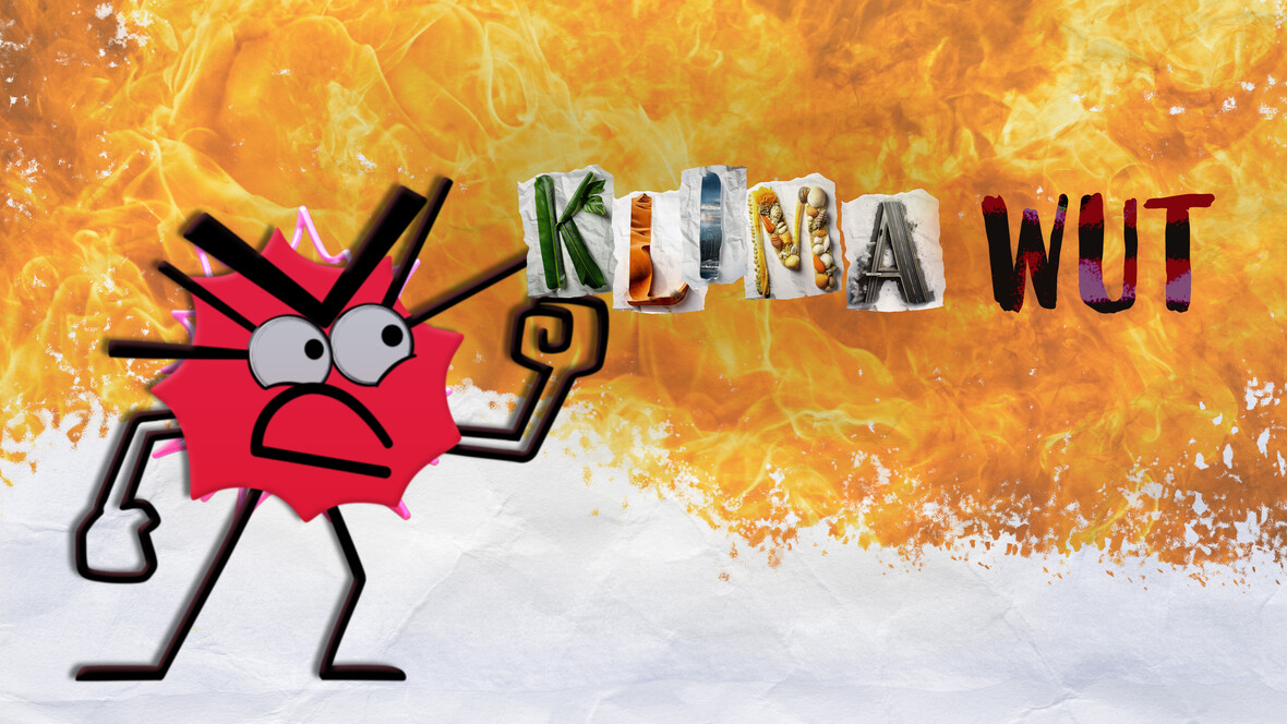 Roter, stacheliger Comic-Charakter mit geballter Faust vor Flammen und dem Schriftzug „Klima Wut“.