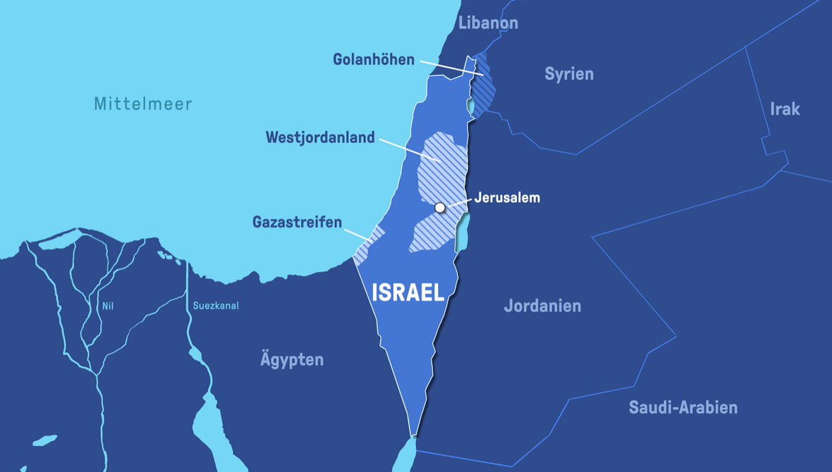 Die Karte zeigt Israel und die palästinensischen Gebiete (hell gestreift). Dazu gehören der Gazastreifen und das Westjordanland sowie Ost-Jerusalem. Die Golanhöhen (dunkel gestreift) sind seit 1967 von Israel besetzt. Völkerrechtlich gehören sie zu Syrien.