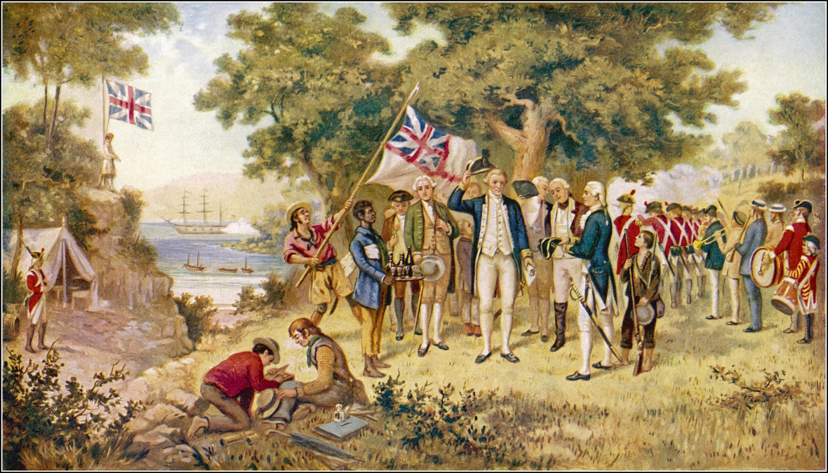 Das Gemälde stellt dar, wie James Cook Australien für die britische Krone in Besitz nimmt.