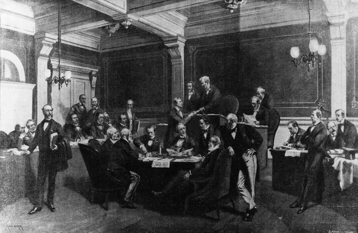 Das Gemälde zeigt die Unterzeichnung der Genfer Konvention am 22. August 1864