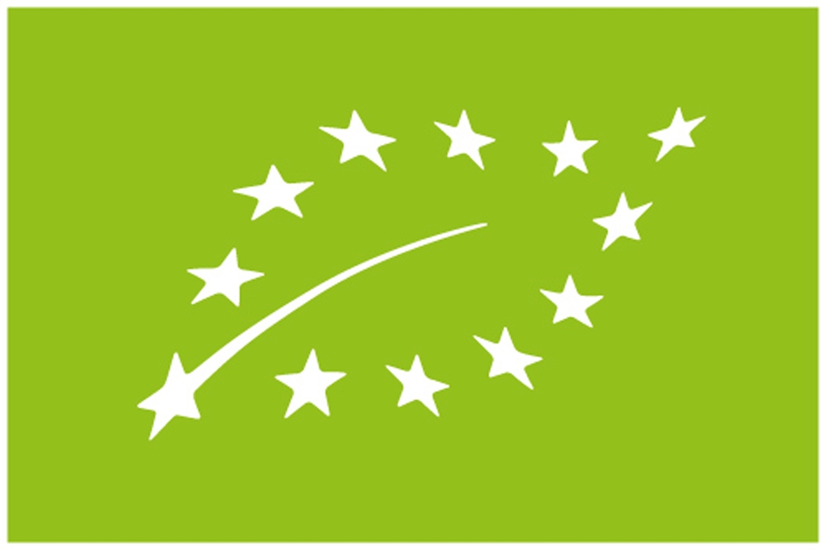 Das Bio-Siegel der EU für Öko-Lebensmittel. Es ist ein Blatt mit zwölf weißen Sternen auf hellgrünem Hintergrund. Es zeigt an, wenn Lebensmittel die Anforderungen für ökologische Herstellung erfüllen.