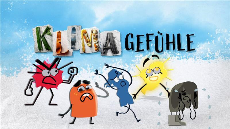 Fünf farbige Comic-Emojis mit verschiedenen Emotionen unter dem Schriftzug „Klimagefühle“.