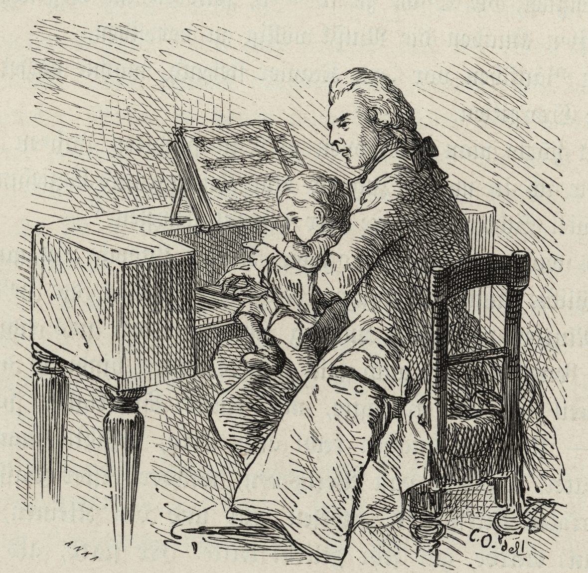 Beethoven spielt als Kleinkind Klavier auf dem Schoß seines Vaters auf einem Holzstich nach einer Zeichnung von Carl Offterdinger.