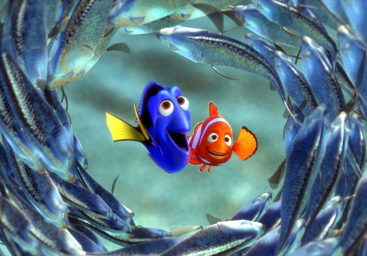 Szenenbild: Die bunten Fische Marlin und Dorie schwimmen inmitten eines Schwarms von anderen Fischen