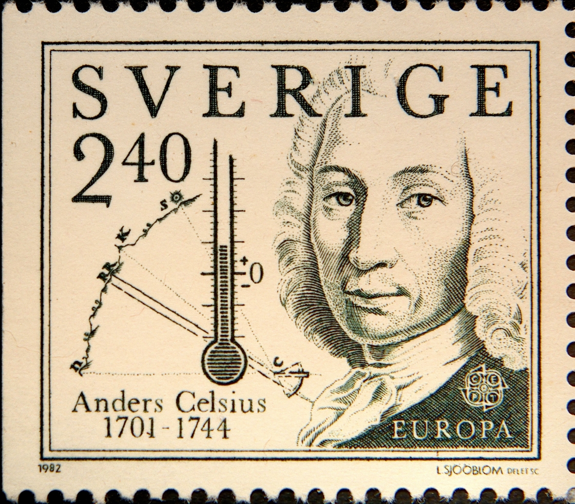 Porträt vom Astronom Anders Celsius auf einer schwedischen Briefmarke