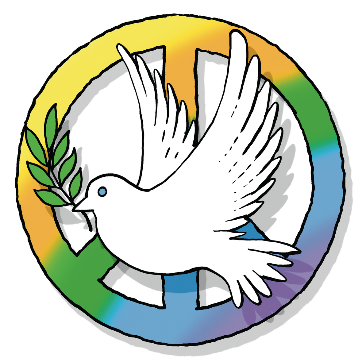 Man sieht eine weiße Friedenstaube vor einem Peace-Zeichen. 