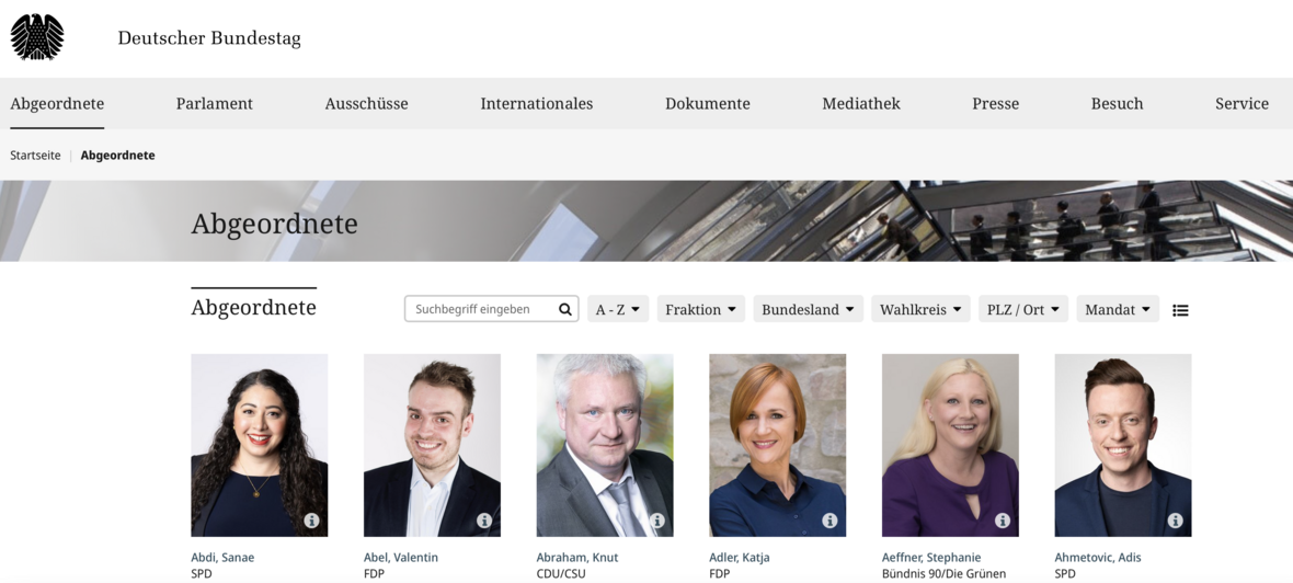 Internet-Seite des Bundestages mit Suchmöglichkeiten nach Abgeordneten unter verschiedenen Gesichtspunkten: Wahlkreis, PLZ etc.