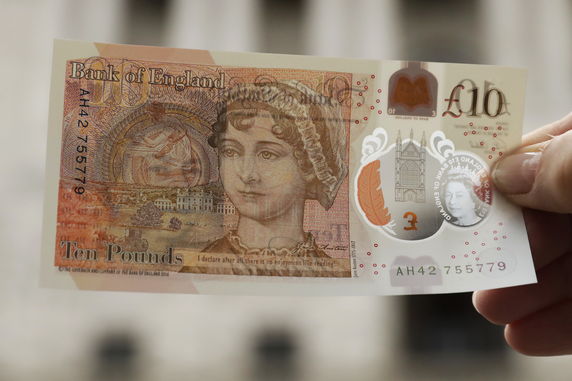 Darstellung der britischen Schriftstellerin Jane Austen auf einer britischen 10-Pfund-Banknote
