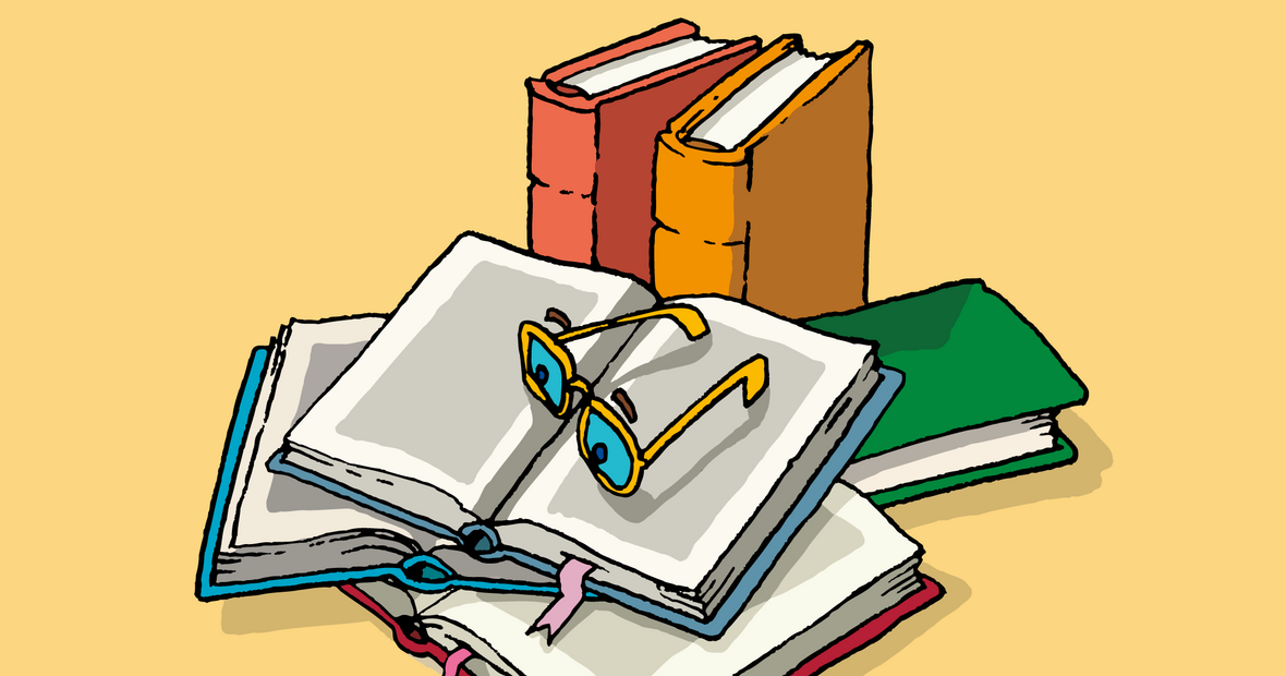 Zeichnung einiger Bücher und einer darauf liegenden Brille