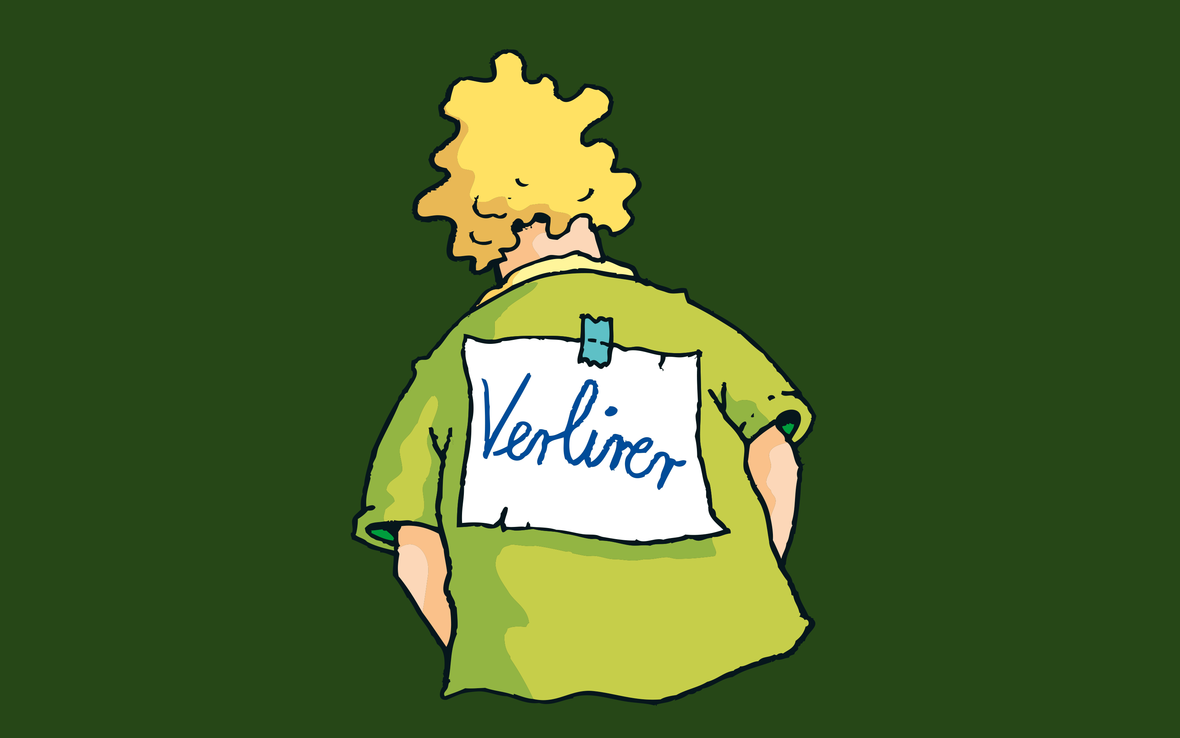 Die Illustration zeigt eine Person von hinten mit einem T-Shirt, auf dem der Begriff "Verlirer" ohne "ie" in der Mitte steht.