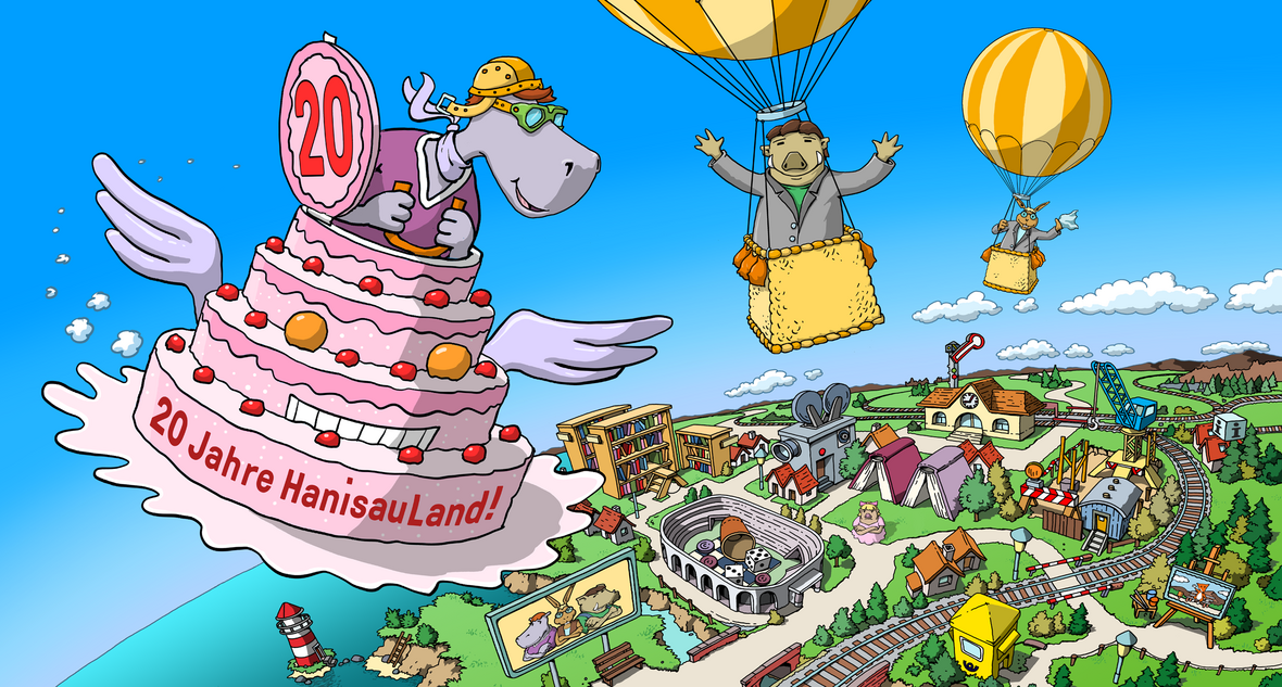 Bärbel in einer fliegenden Torte über der Landschaft von Hanisauland