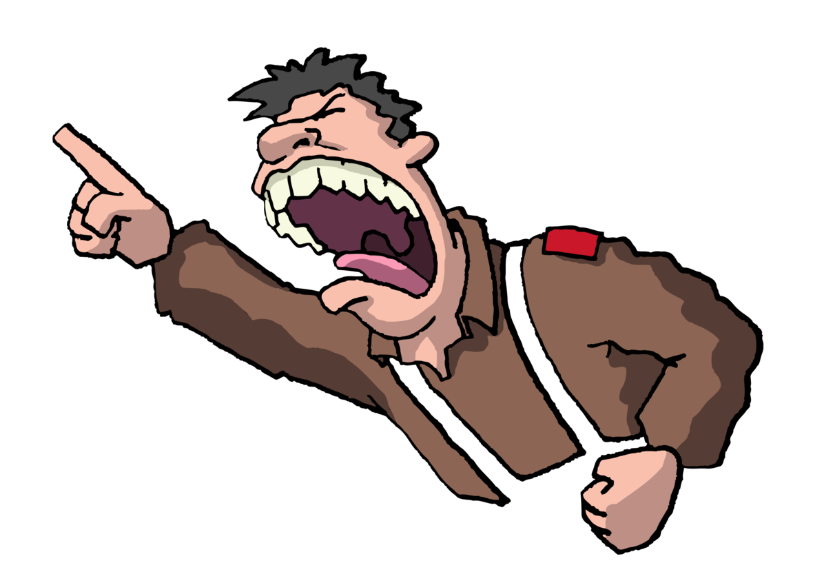 Illustration eines Demagogen: Eine brüllende Figur mit vorstehenden weißen Zähnen zeigt einen ausgestreckten Zeigefinger