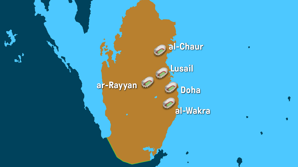 Karte von Katar mit Austragungsorten der Fussball-WM 2022. In den katarischen Orten ar-Rayyan, al-Chaur, Lusail, Doha und al-Wakra finden die Fußballspiele statt.