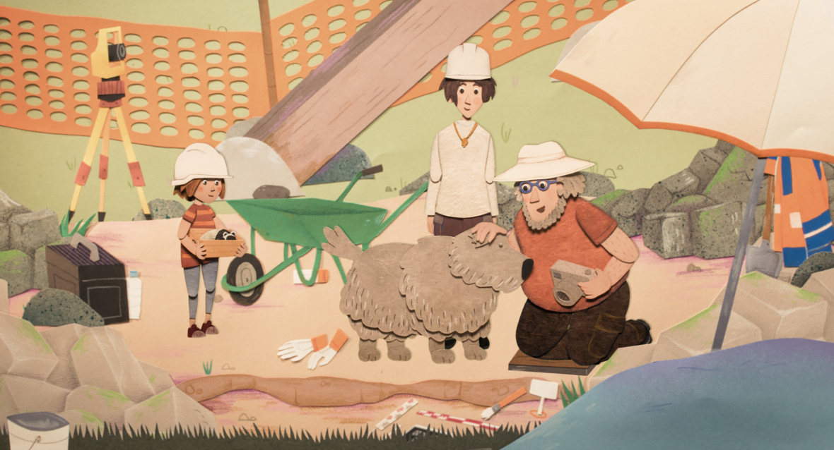Lucie, Yann, Pierrots und sein Hund Mandrin bei den Ausgrabungen.