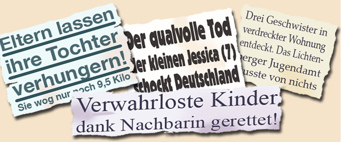 Zeitungen berichten über die Misshandlung und Vernachlässigung von Kindern.