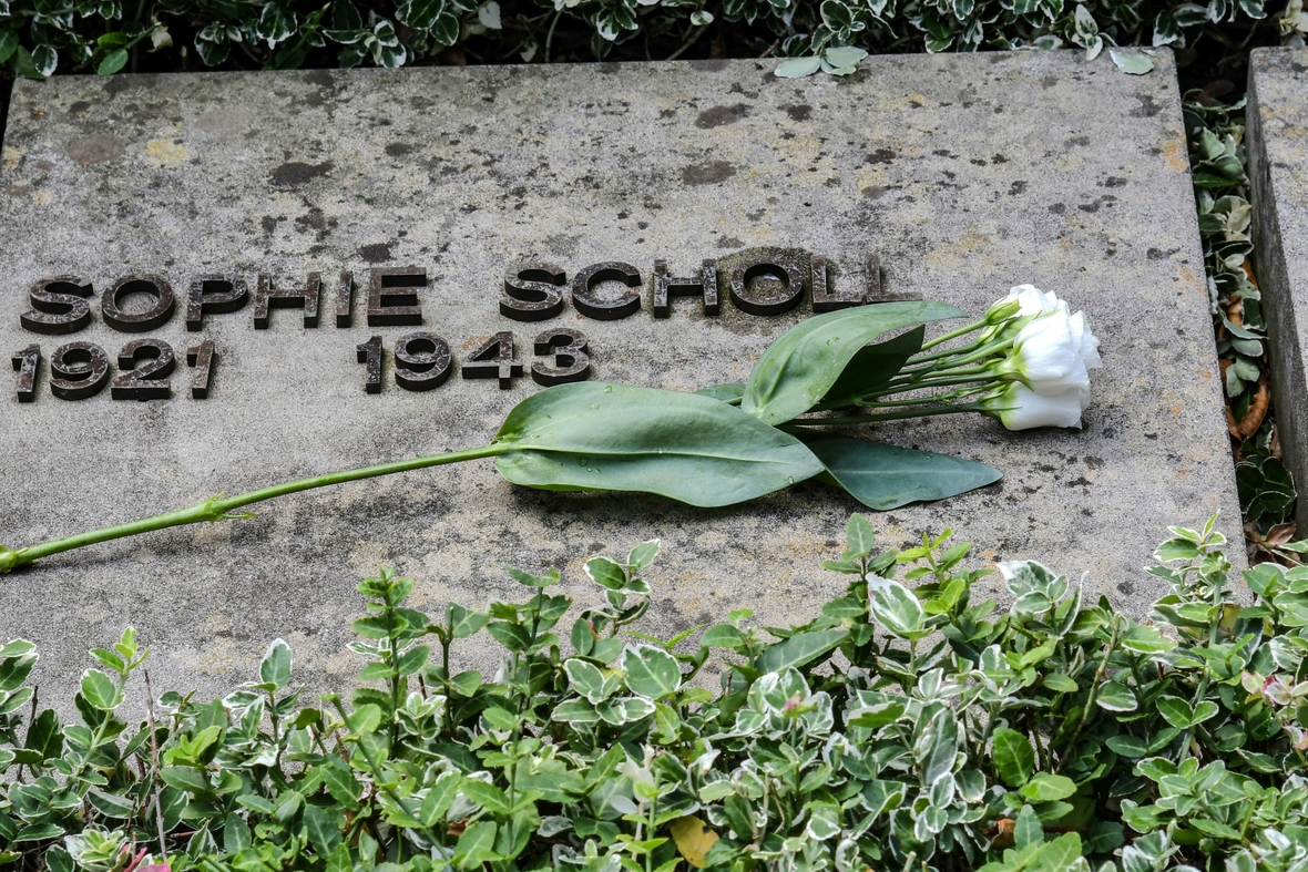 Der Grabstein von Sophie Scholl ist mit einer weißen Rose geschmückt.