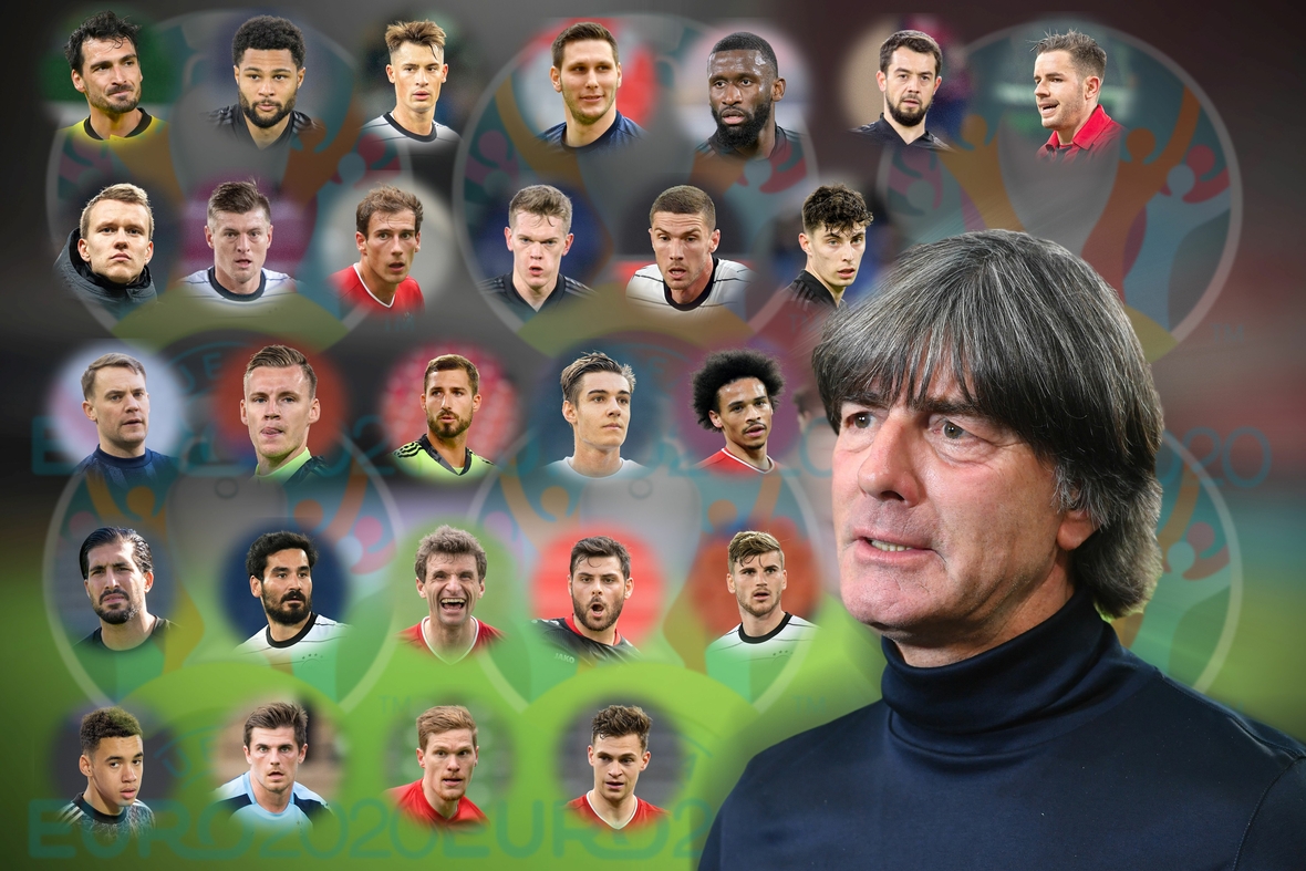 FOTOMONTAGE: Bundestrainer Joachim Löw gibt am 19.05.2021 den vorläufigen EM Kader bekannt. Tor: Manuel Neuer, Kevin Trapp, Bernd Leno - Abwehr: Antonio Rüdiger, Mats Hummels, Matthias Ginter, Niklas Süle, Emre Can, Lukas Klostermann, Robin Gosens, Robin Koch, Christian Günter, Marcel Halstenberg - Mittelfeld/Angriff: Joshua Kimmich, İlkay Gündoğan, Kai Havertz, Toni Kroos, Leon Goretzka, Timo Werner, Thomas Müller, Leroy Sané, Jonas Hofmann, Jamal Musiala, Florian Neuhaus, Kevin Volland