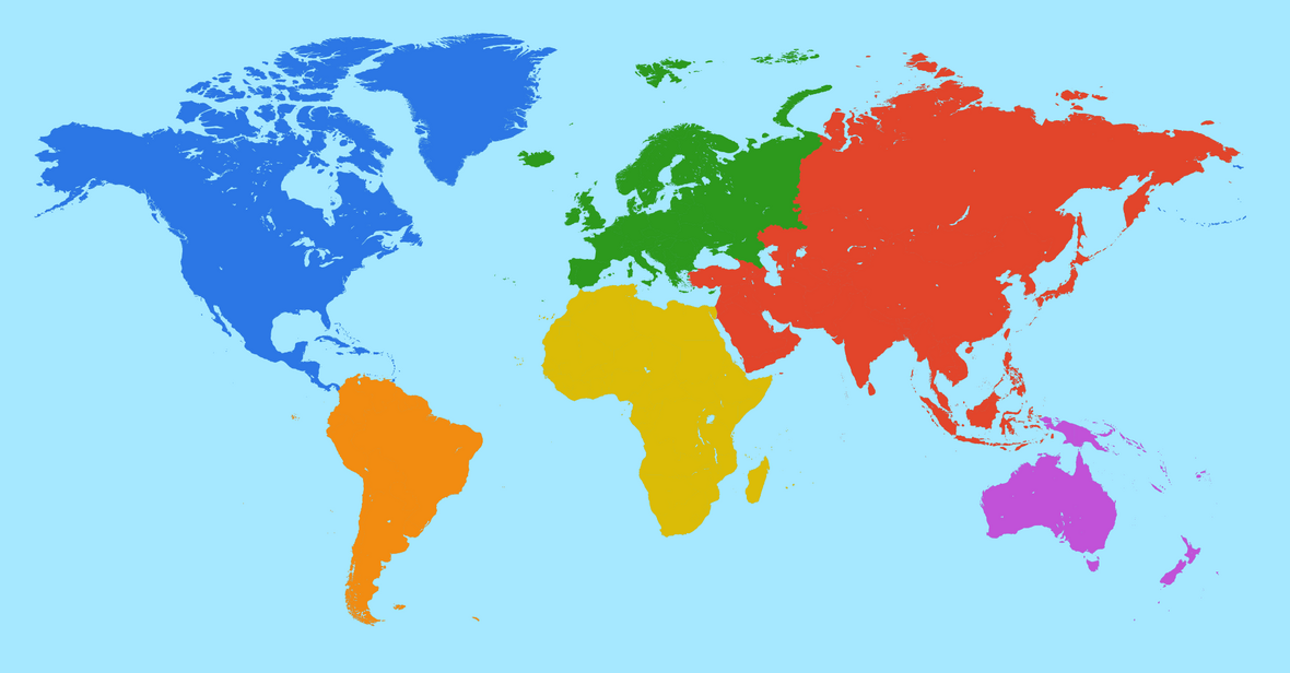 Weltkarte mit farbig unterschiedenen Kontinenten