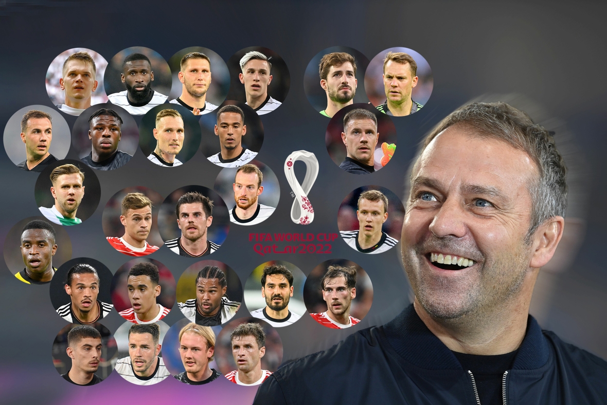 Fotomontage zeigt den WM-Kader 2022 von Bundestrainer Hansi Flick