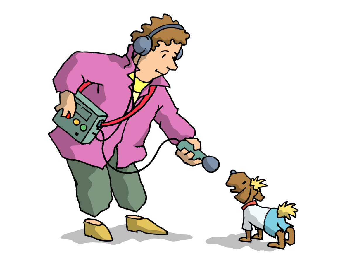 Illustration: Meinungsforschung. Ein Reporterin befragt einen kleinen Hund.