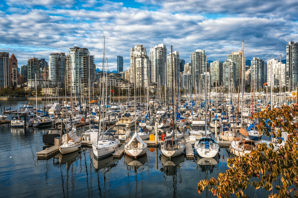 Blick auf die Vancouver Skyline und den Meeresarm "False Creek" im Herbst, Im Hafen liegen etliche Segelschiffe.