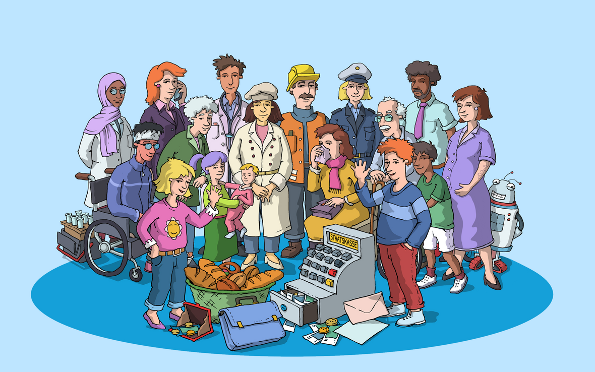 unterschiedliche Menschen stehen in einem Kreis, in der Mitte eine Kasse, Brot und Geld