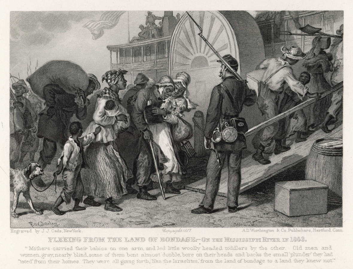 Kunstwerk von 1863: Es zeigt, wie Sklaven mit einem Mississippi-Dampfer aus dem Süden der USA fliehen.