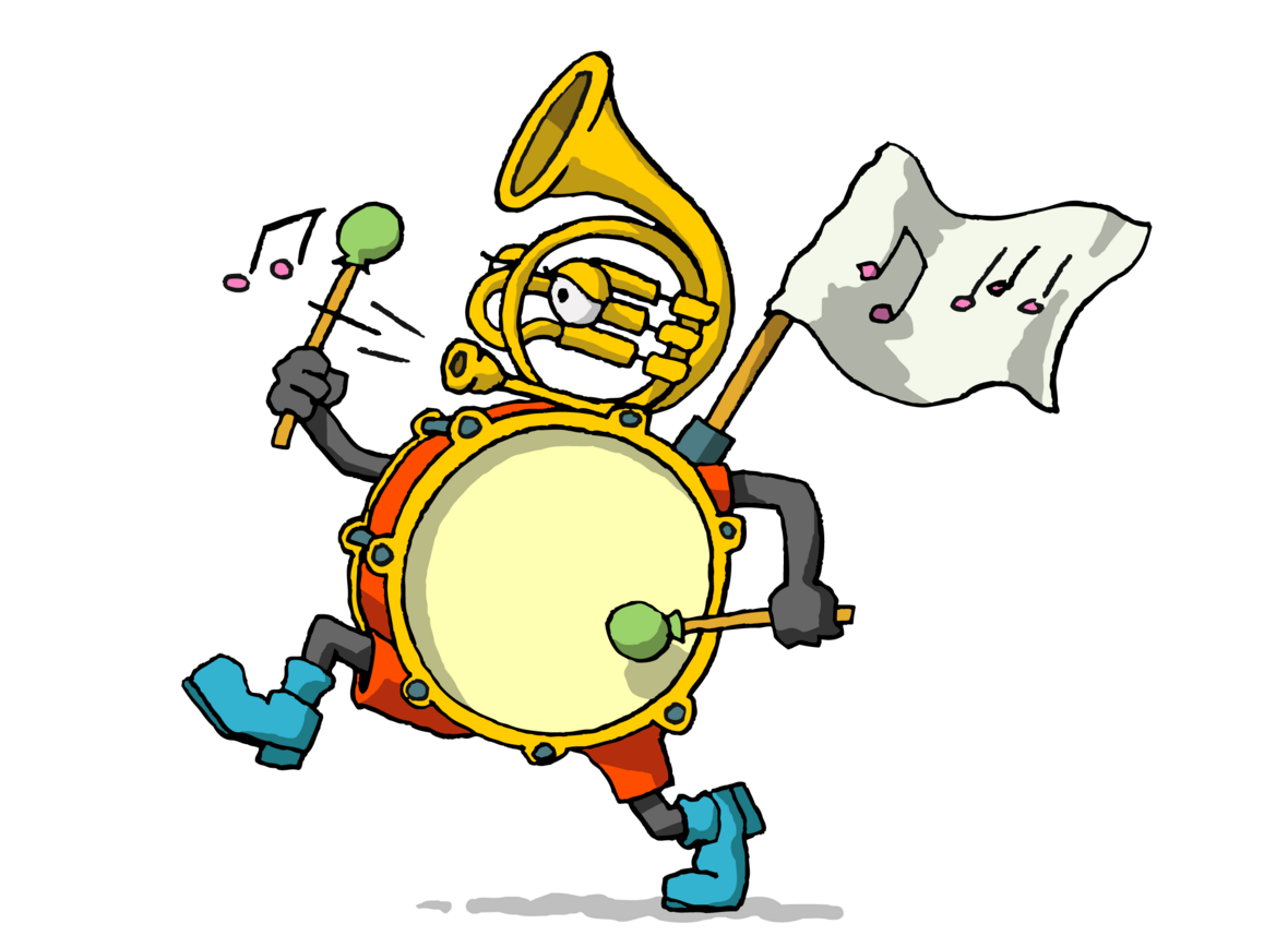 Illustration einer Nationalhymne: Eine Trommel mit Beinen hat eine Tuba als Kopf.