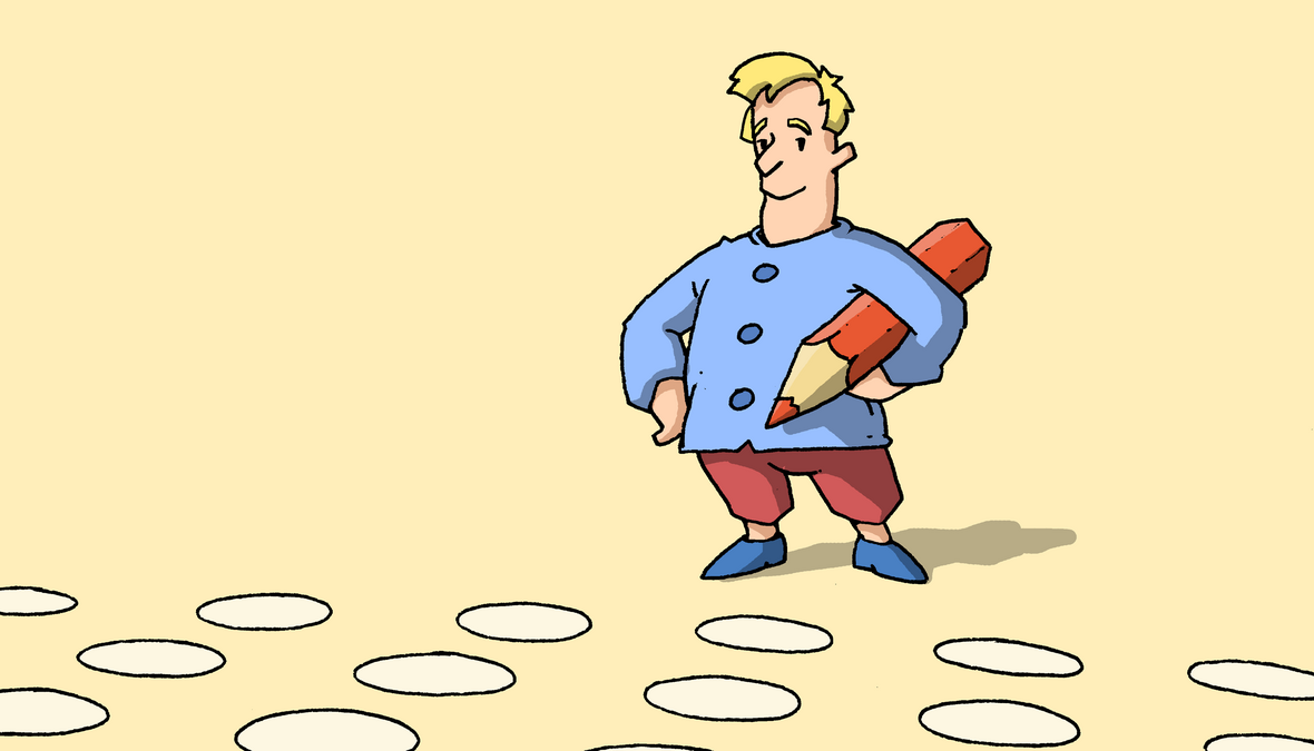 Illustration des Wahlgrundsatzes "Frei". Man sieht eine Person mit einem dicken Stift, die zwischen zwei Polizisten steht. Es wird angedeutet, dass diese Person von den Polizisten nicht an der Stimmabgabe gehindert werden kann.