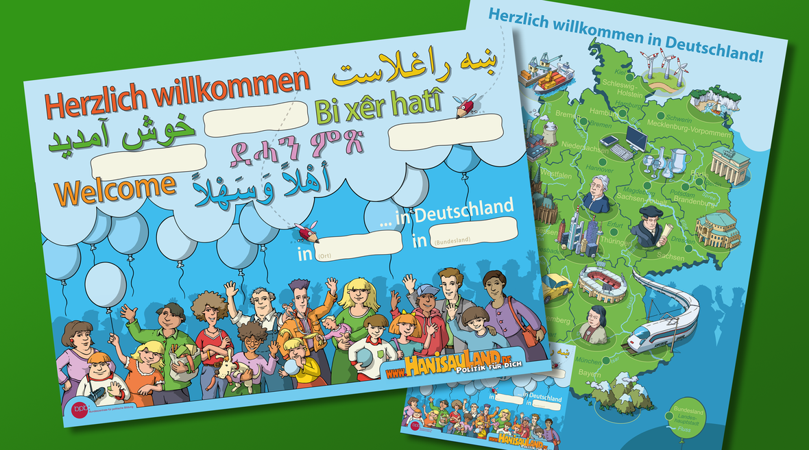 Deutschlandkarte für Kinder - mit Willkommensgruß (HanisauLand Plakat)