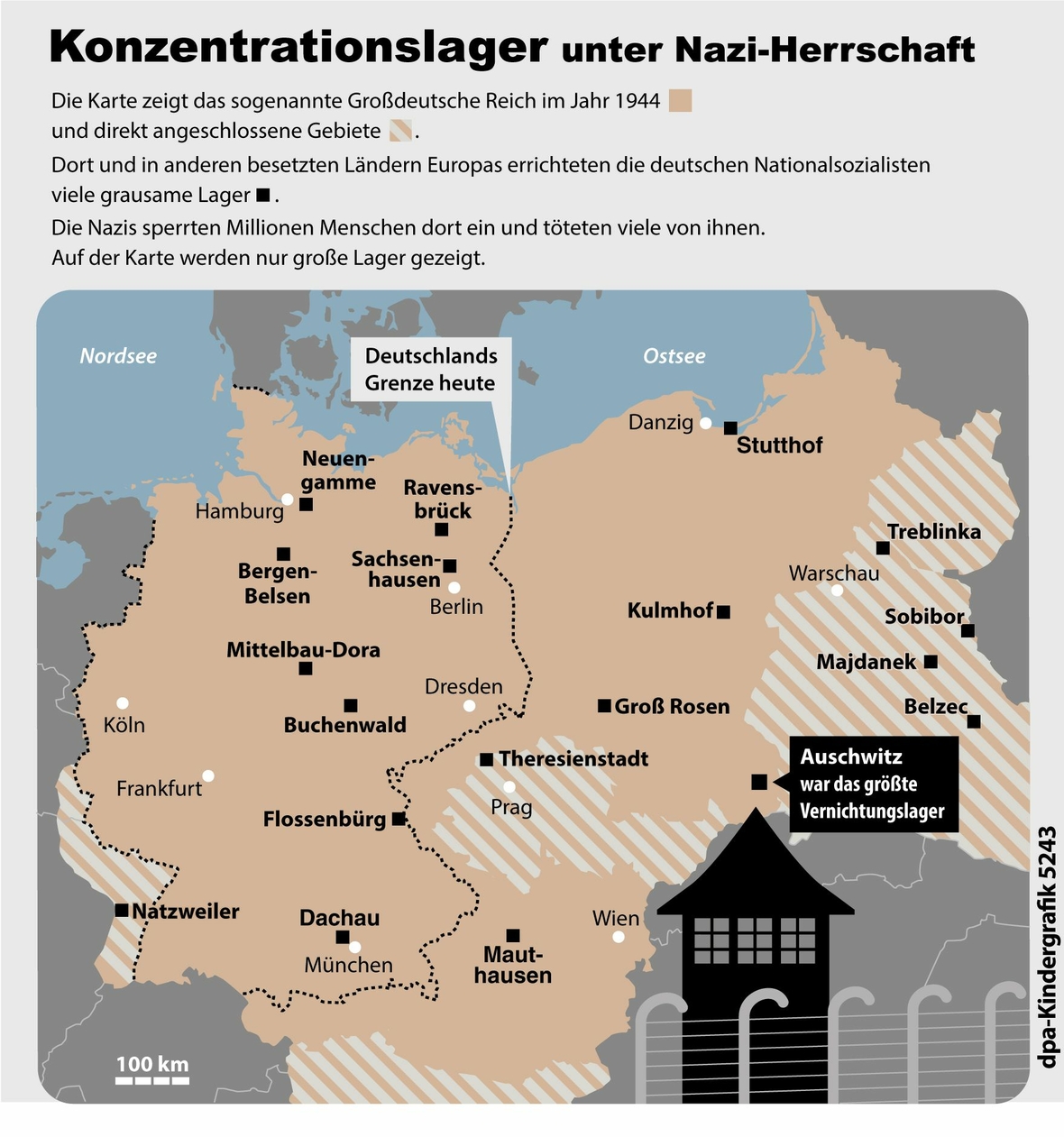 Übersicht über die großen Konzentrationslager während der Herrschaft der Nationalsozialisten.