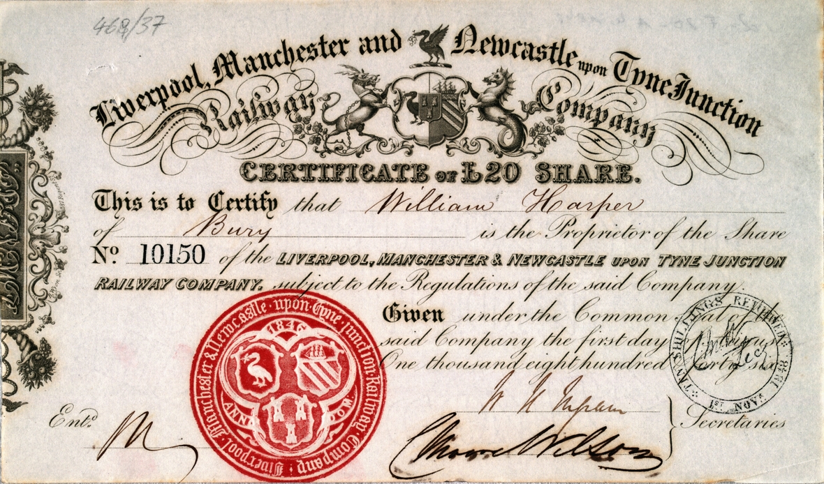 Aktie der Eisenbahngesellschaft von Liverpool, Manchester und Newcastle 1846. Der Wert liegt bei 20 Pfund.