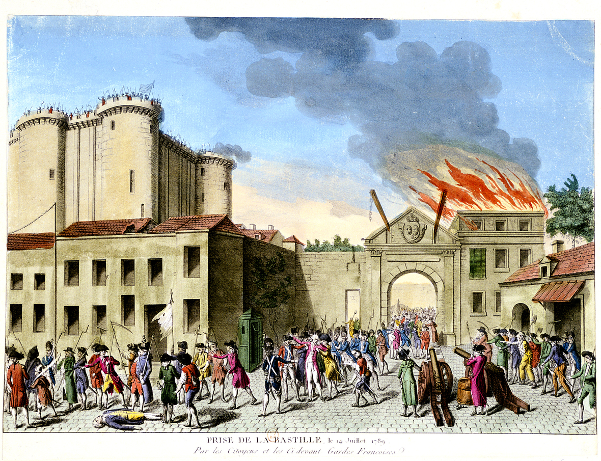 اقتحام سجن الباستيل. كانت بداية الثورة الفرنسية. وطالب المواطنون بالحرية والمساواة والإخاء.