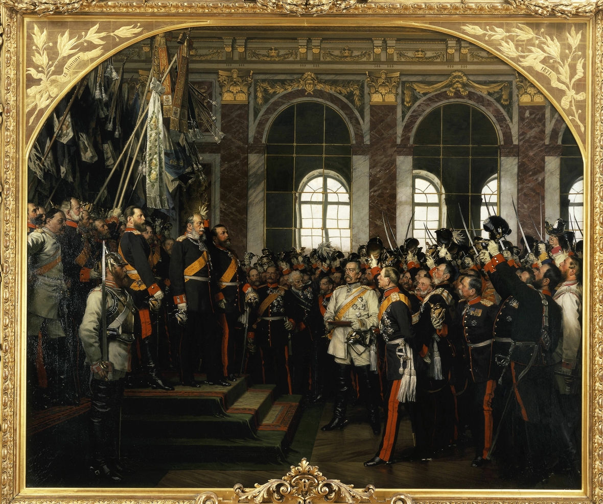 König Wilhelm I. von Preußen wurde am 18. Januar 1871 im Spiegelsaal des Schlosses von Versailles zum Deutschen Kaiser ausgerufen. Das Gemälde malte Anton von Werner. 