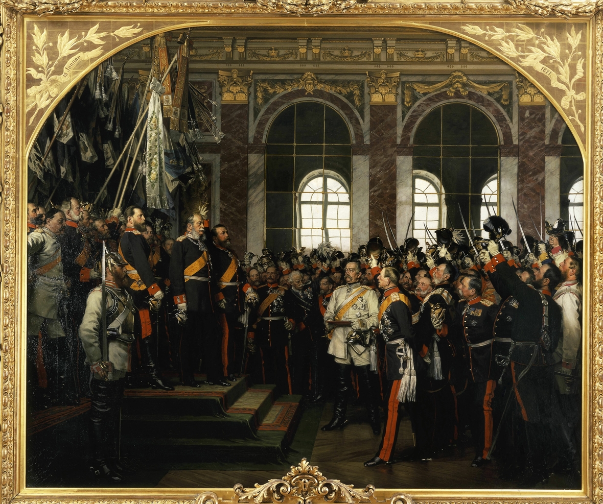 König Wilhelm I. von Preußen wurde am 18. Januar 1871 im Spiegelsaal des Schlosses von Versailles zum Deutschen Kaiser ausgerufen. Das Gemälde malte Anton von Werner. 