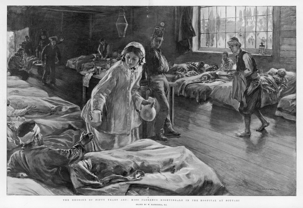 Florence Nightingale hilft Patienten in Sakturi. Bild von 1854/18555