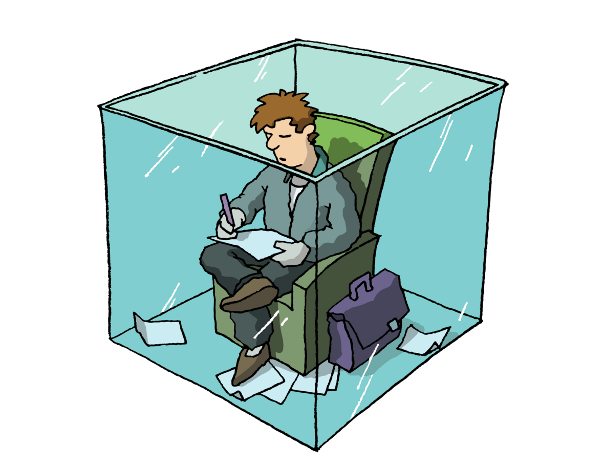 Illustration: Immunität. Man sieht eine Person in einem Glaskasten sitzen. Die Person schreibt auf Papierzettel etwas auf. 