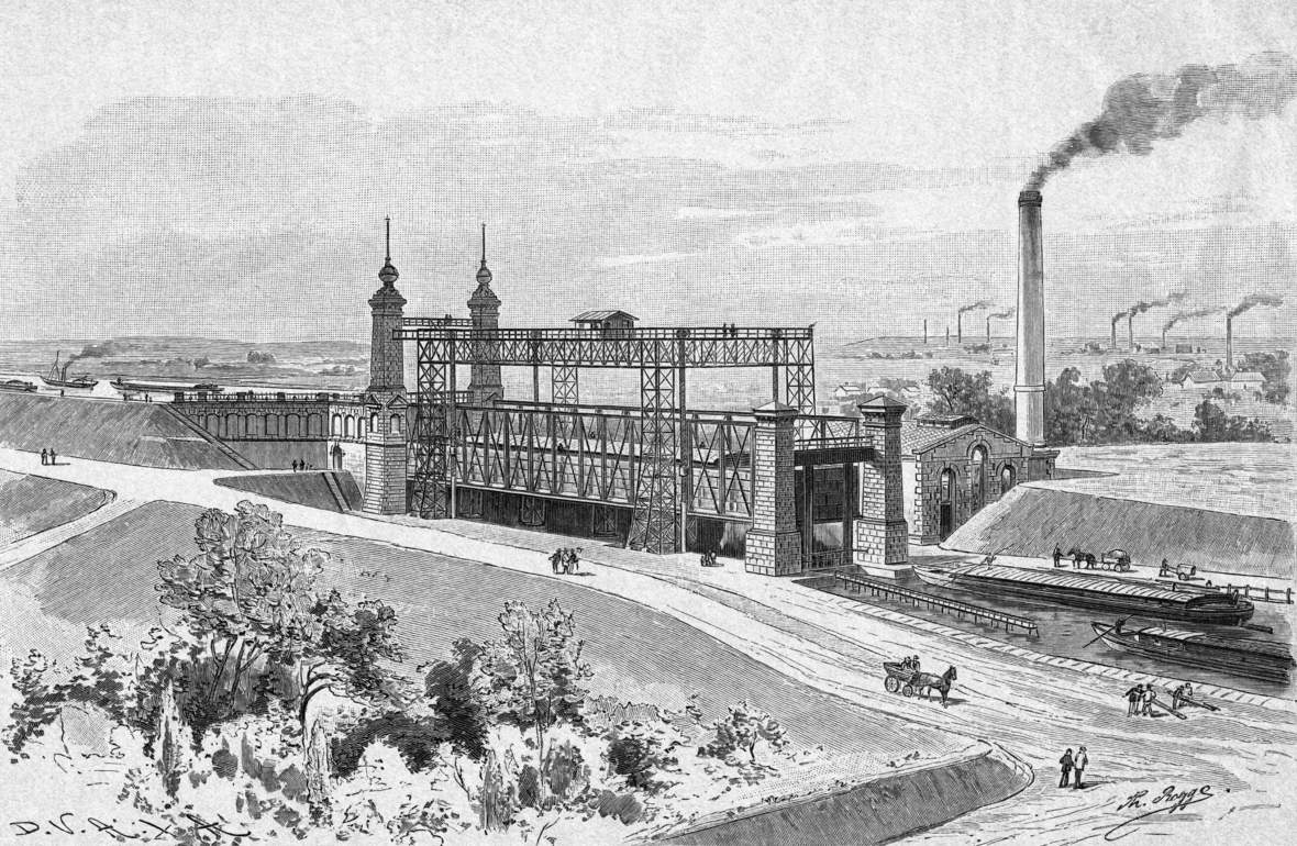 Ein Schiffshebewerk des Dortmund-Ems-Kanals in Nordrhein-Westfalen. Der Holzstich entstand nach einer Zeichnung um 1900.