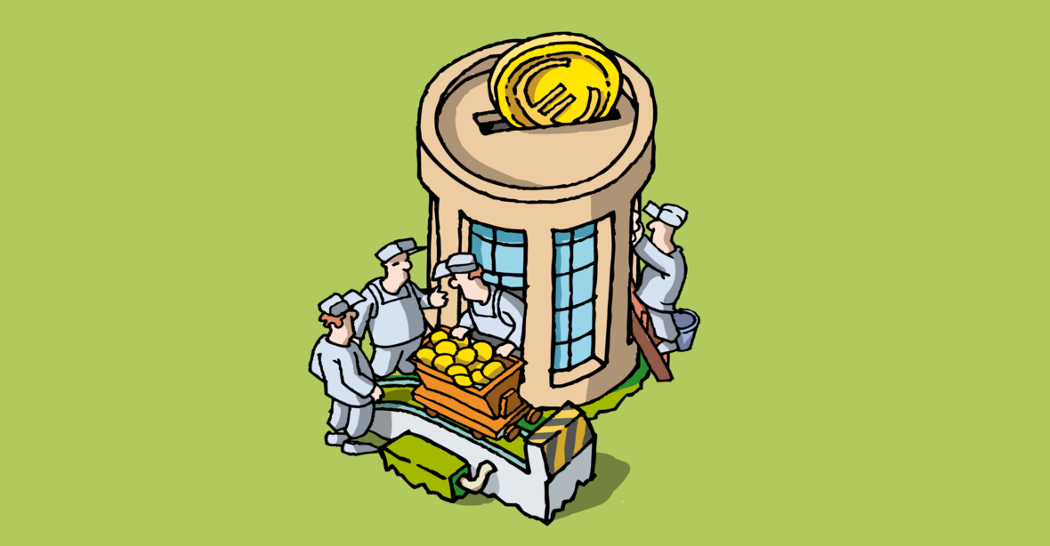 Zeichnung eines Gebäudes in Form einer runden Spardose, von Personen umgeben.
